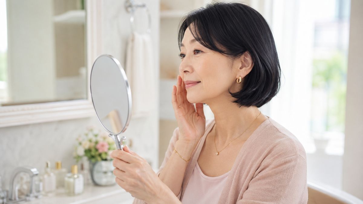 手鏡で自分の頬を確認する女性