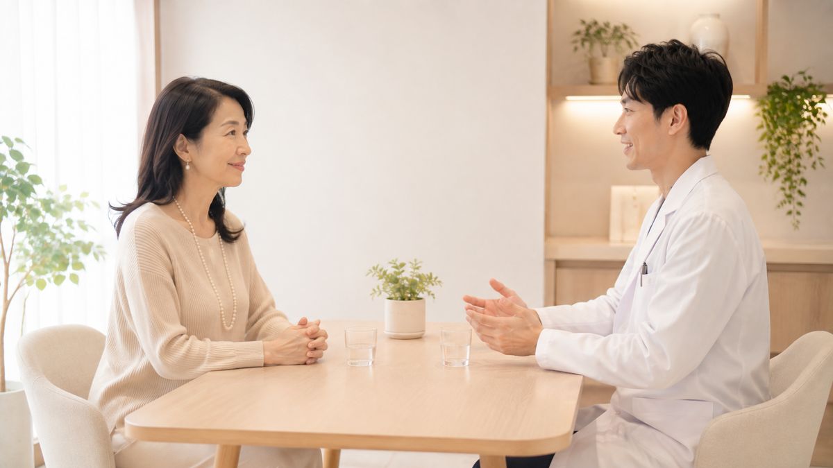 カウンセリングルームで向かい合って話す女性と男性医師
