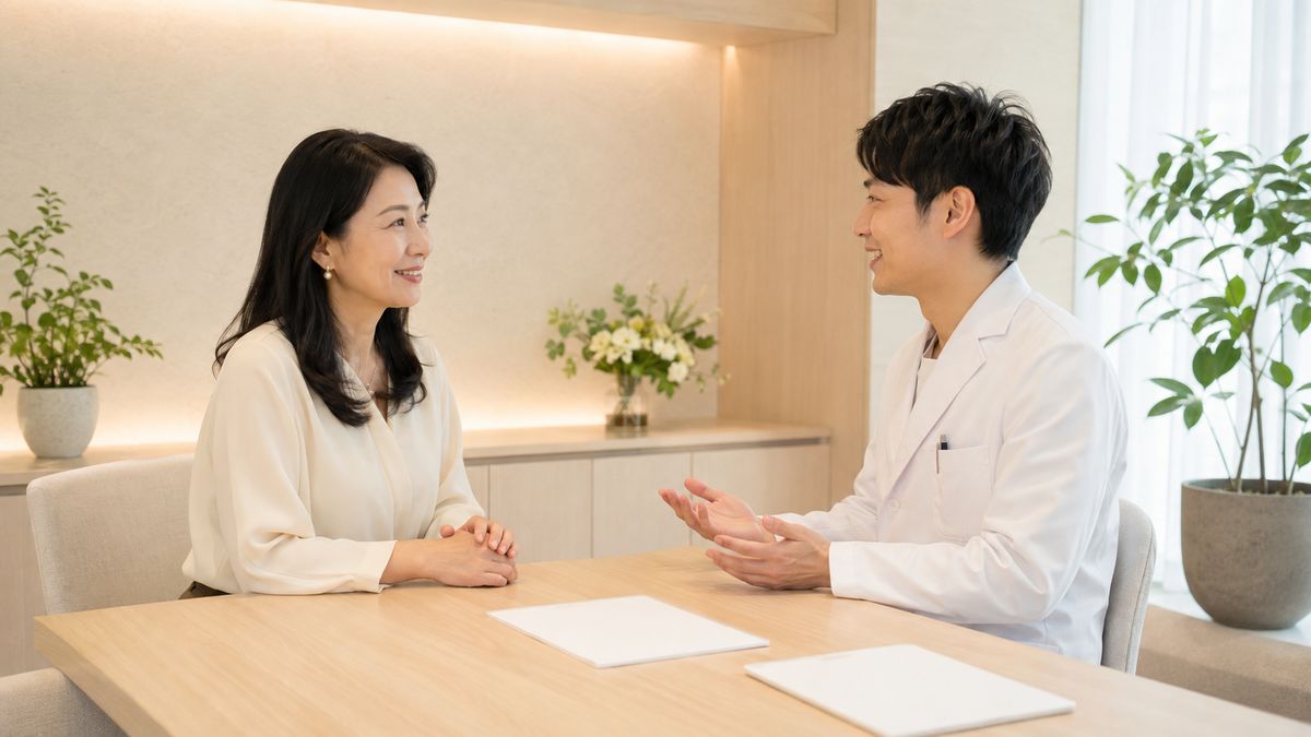 カウンセリングルームで向かい合って話す男性医師と女性