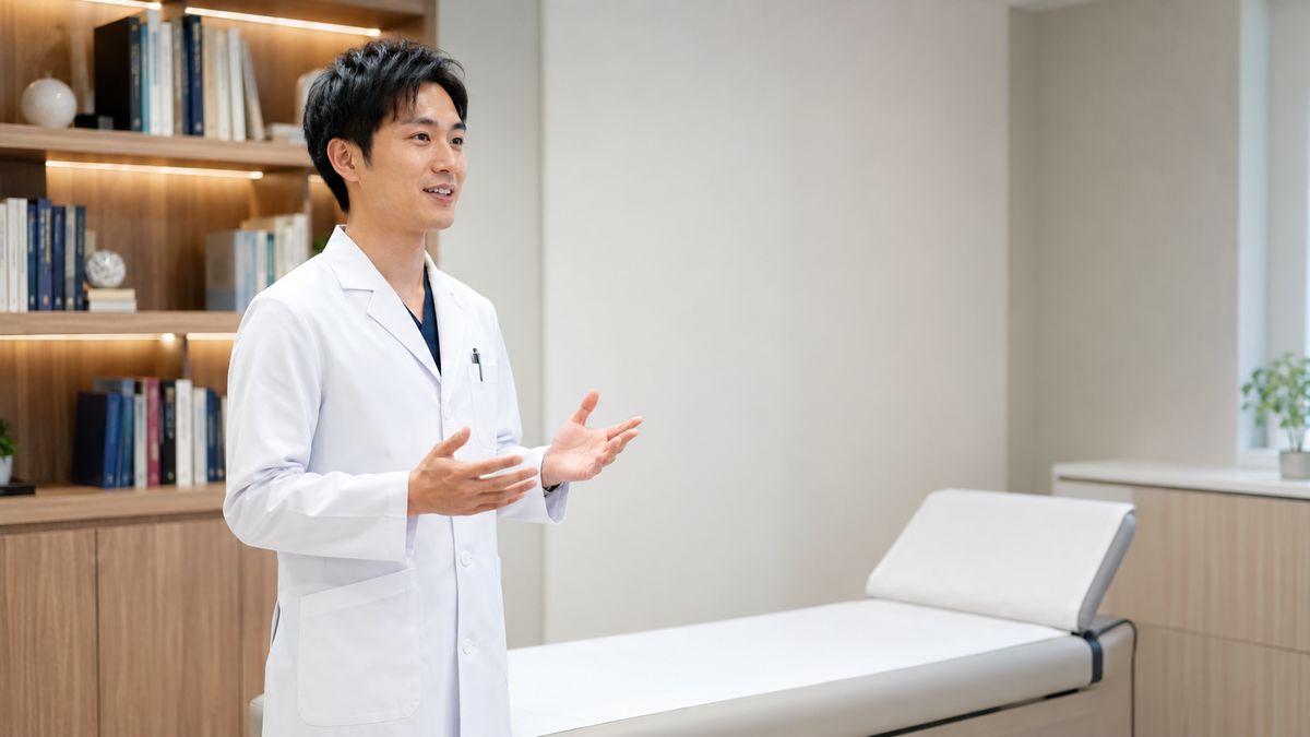 診察室で説明する白衣の男性医師