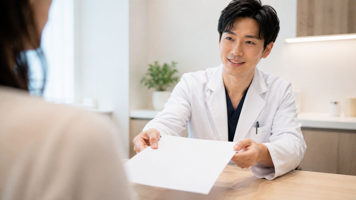 書類を差し出している白衣の男性医師