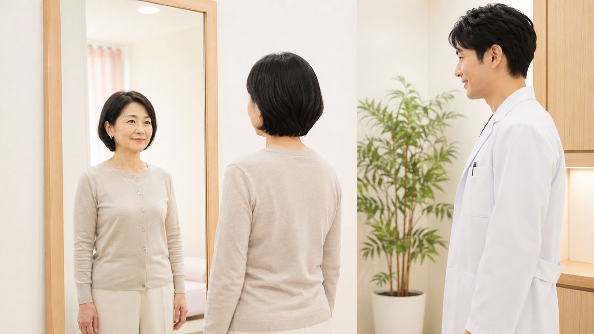 鏡の前に立つ女性とその横で話す男性医師