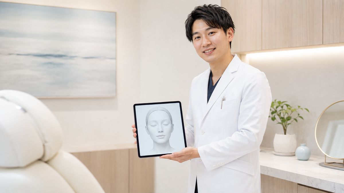 診察室でタブレットを手に説明する男性医師