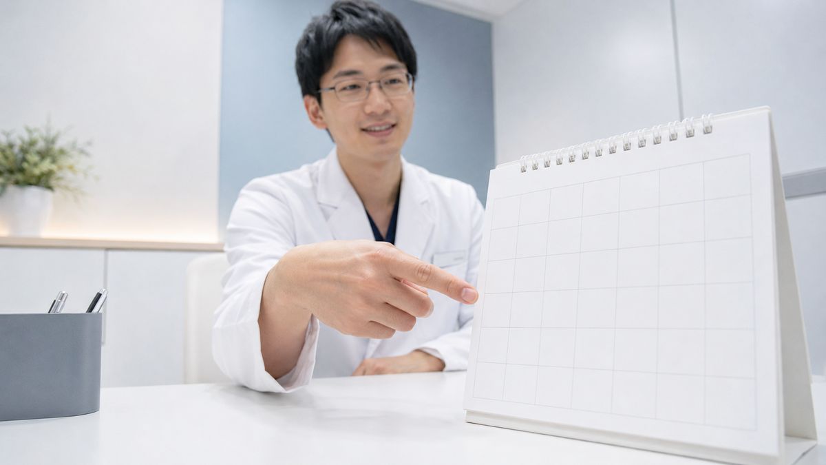 卓上カレンダーを指しながら説明する眼鏡の男性医師