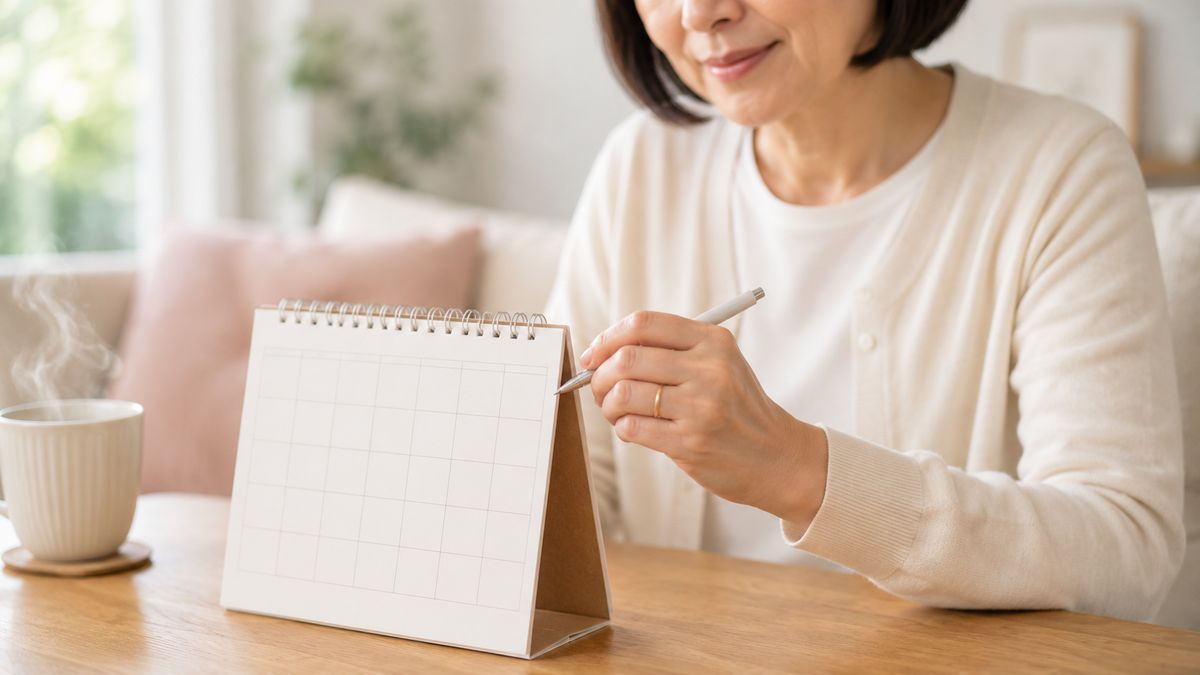 卓上カレンダーに予定を書き込もうとしている手元