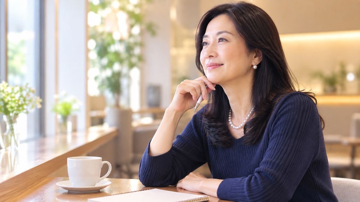 カフェのカウンター席で考えをまとめる女性