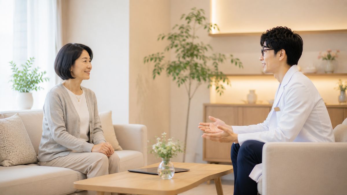 ソファ席で向かい合って話す女性と男性医師