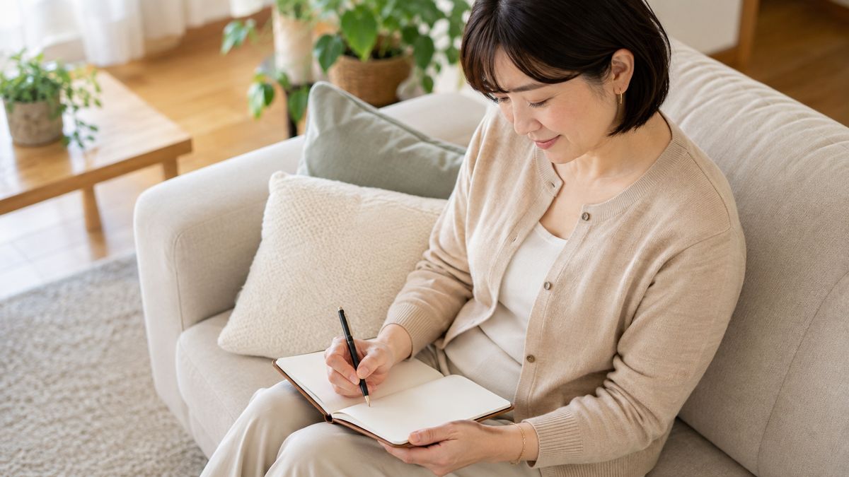 リビングのソファでノートに書き込む女性