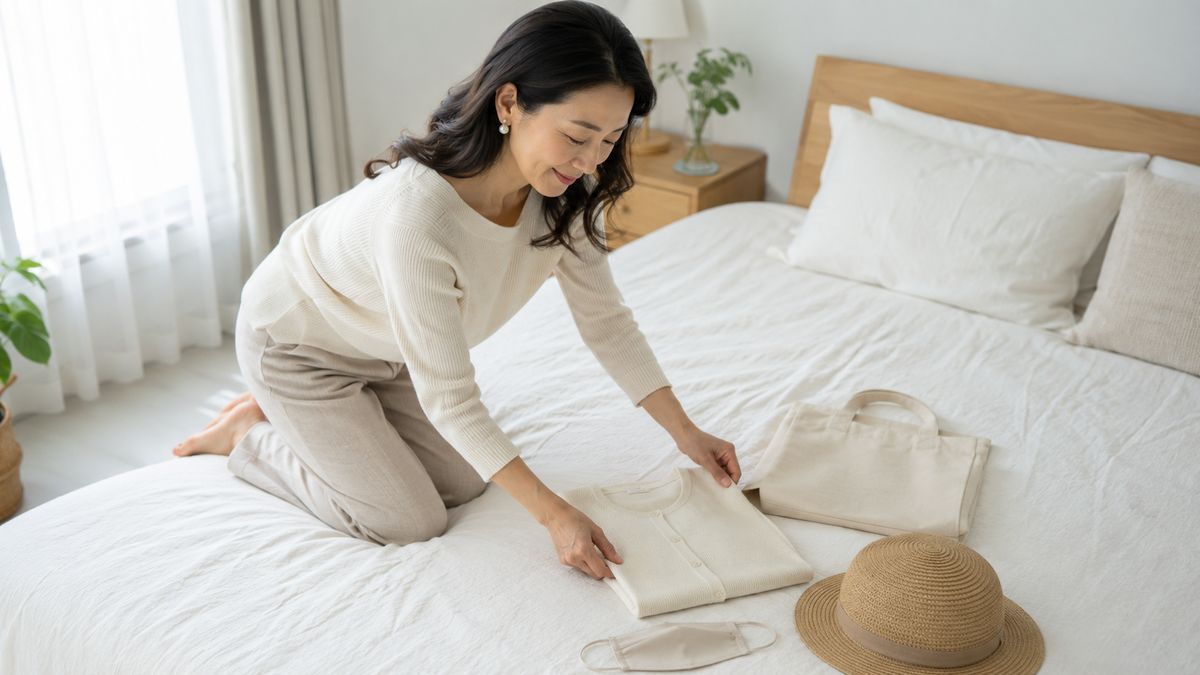 寝室のベッドの上で服とバッグを整える女性