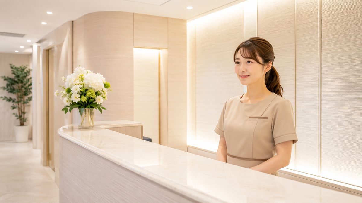 クリニックの受付カウンターに立つ制服姿のスタッフ