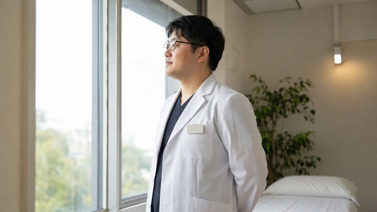 診察室の窓辺に立ち外を眺める眼鏡の男性医師