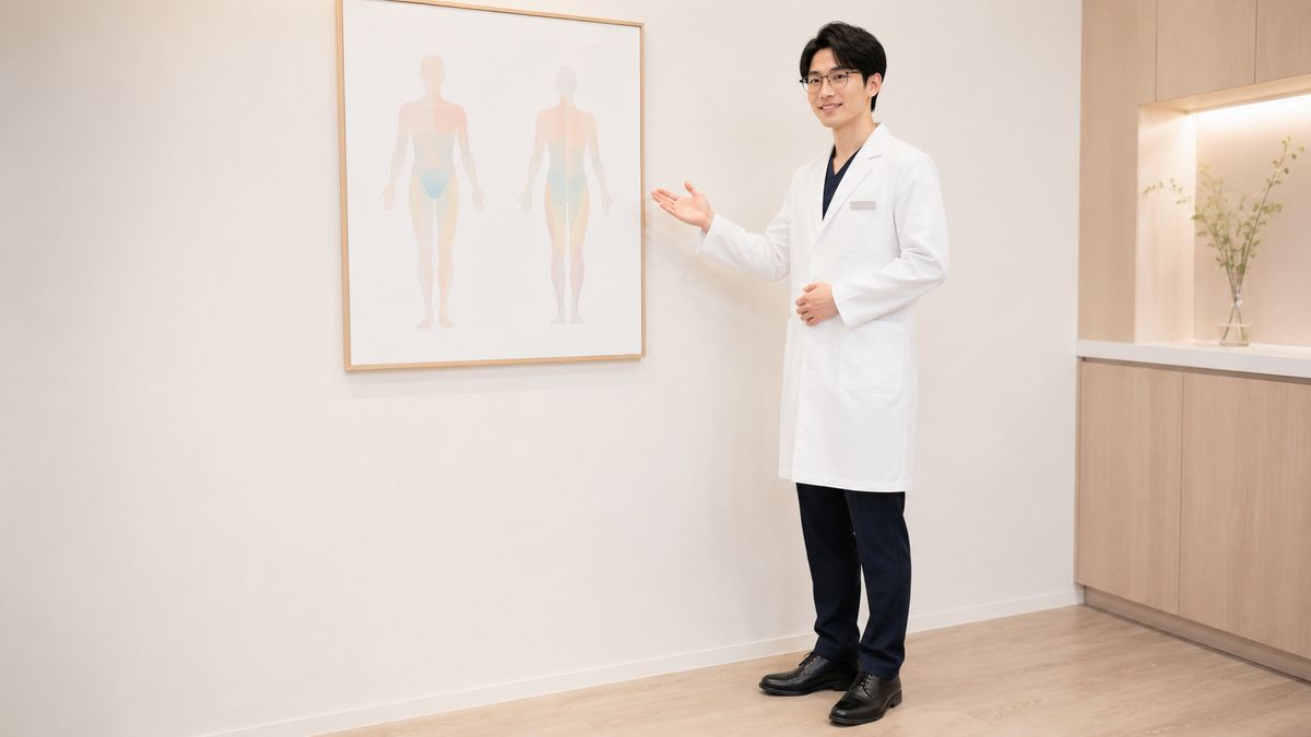 壁の人体図の前に立って説明する眼鏡の男性医師