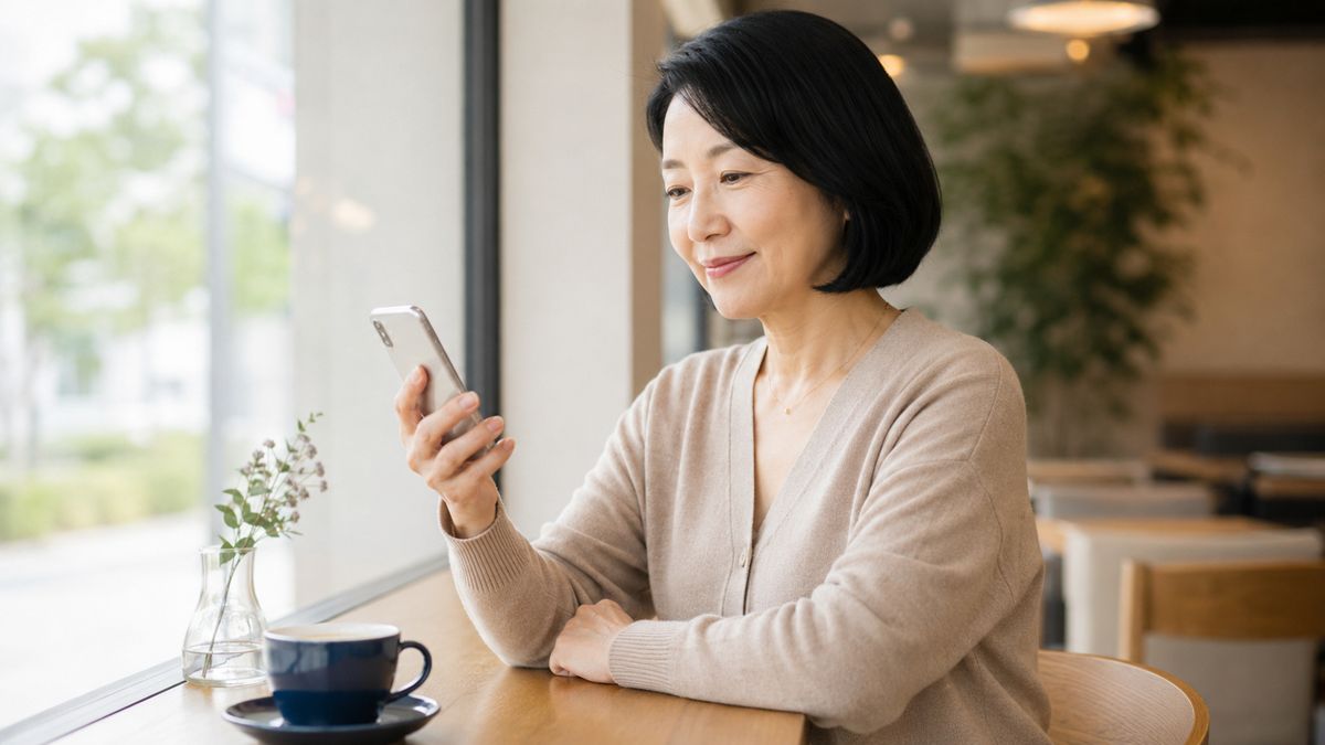 カフェの窓辺でスマートフォンを見る女性