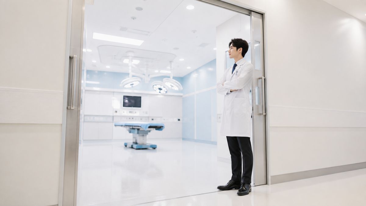 手術室の入口に立って室内を見る白衣の男性医師