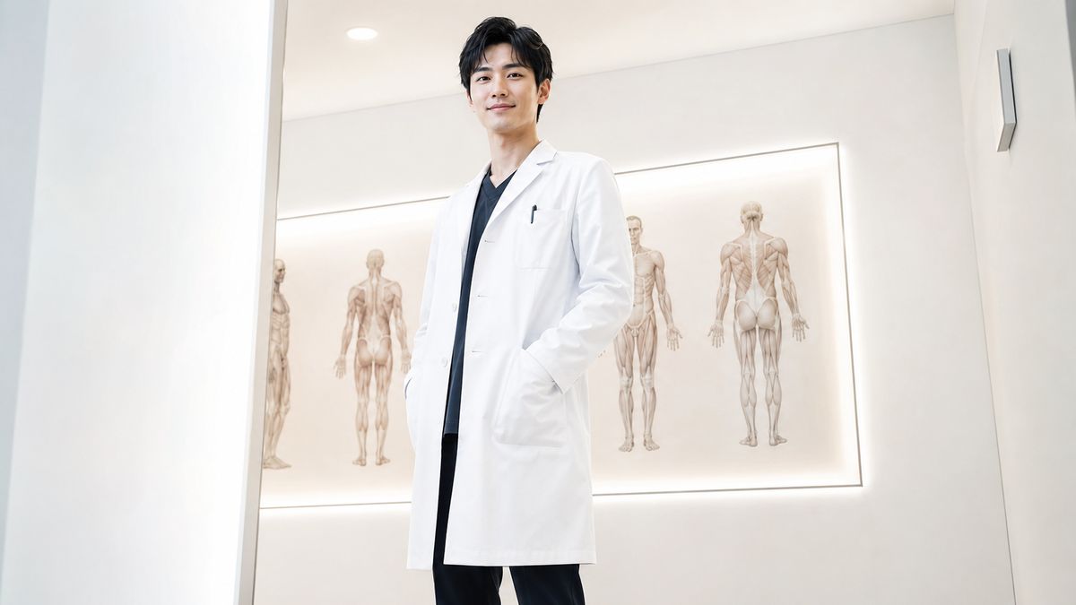 診察室の図表パネルの前に立つ白衣の男性医師
