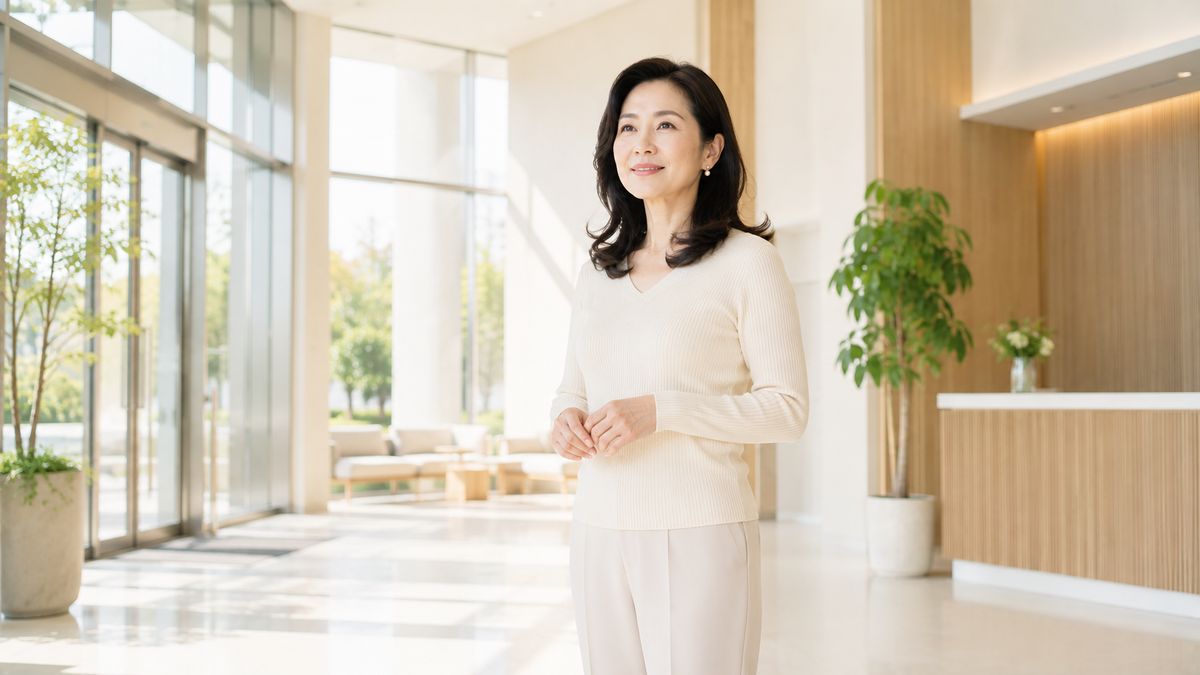 クリニックのエントランスで前を向いて立つ女性