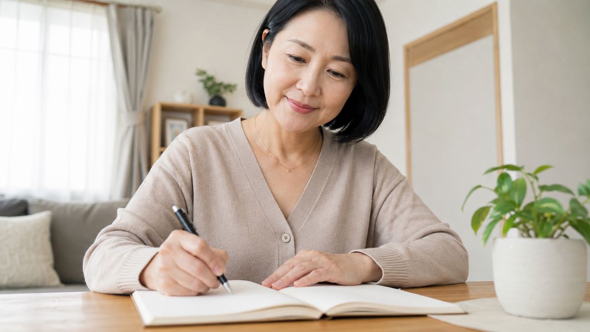 リビングのテーブルでノートに書き込む女性