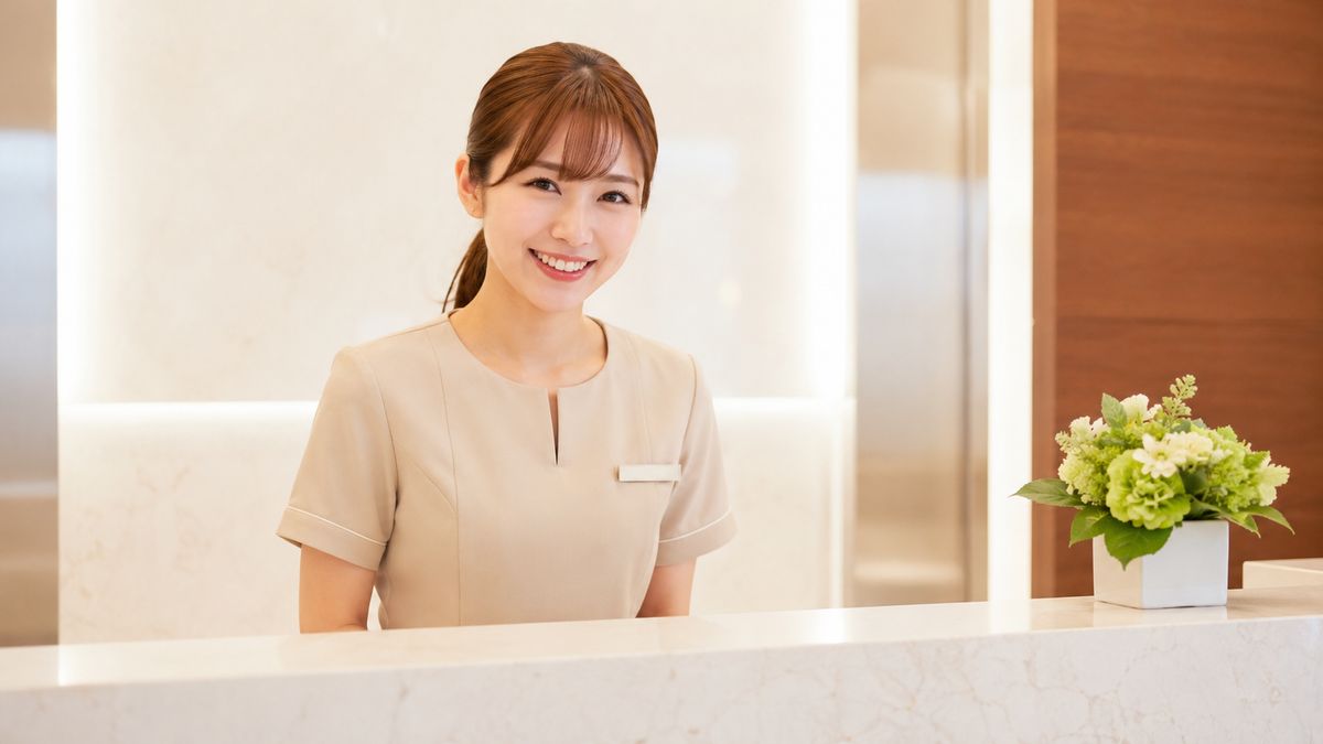 受付カウンターで微笑む制服姿のスタッフ