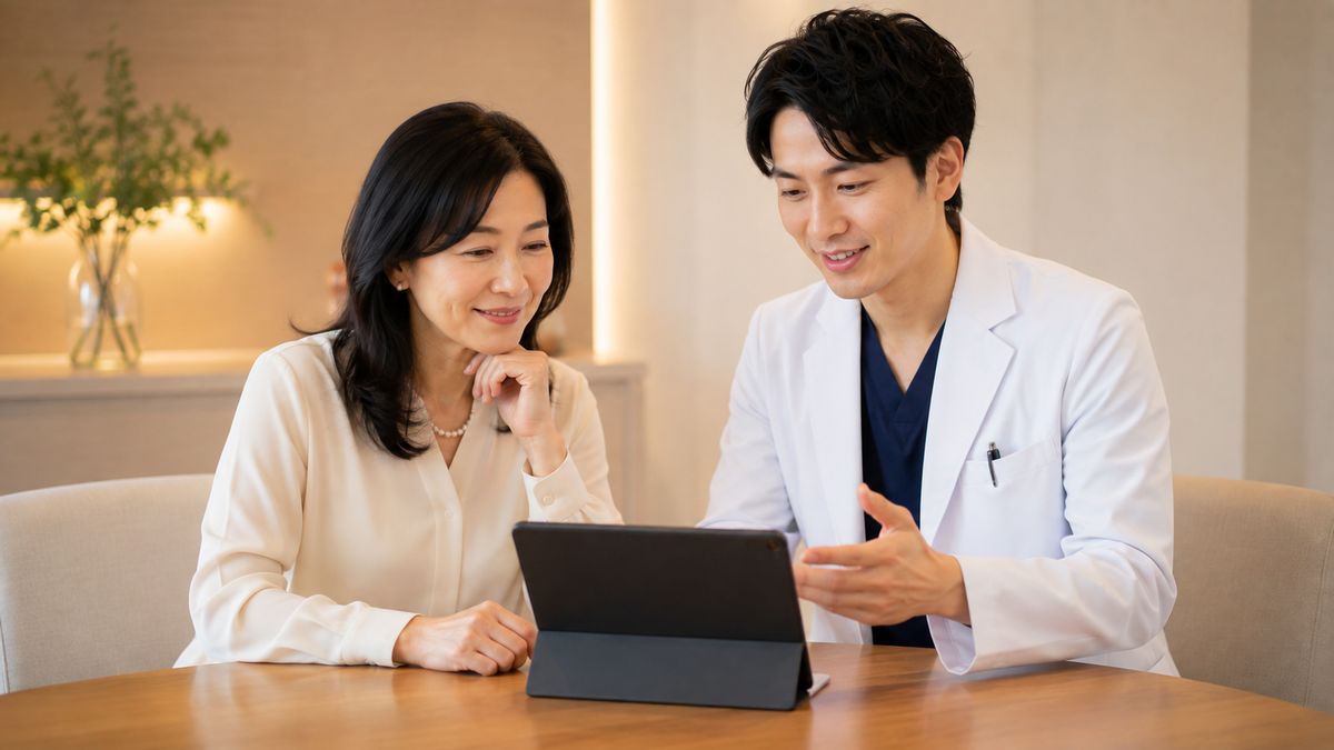 デスクで医師と並んで話す女性