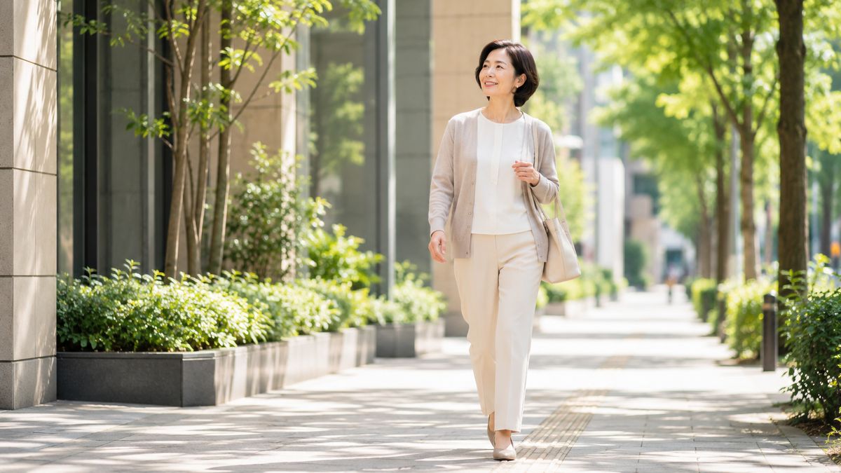 街路樹のある歩道を前を向いて歩く女性