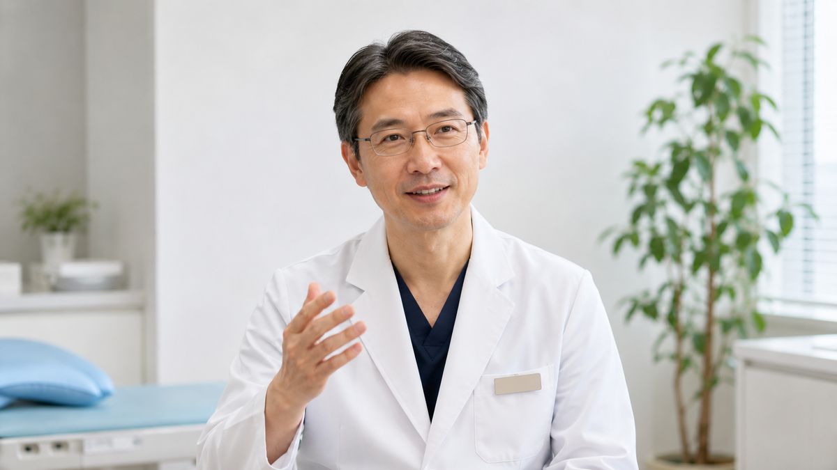 診察室で手ぶりを添えて説明する眼鏡の男性医師