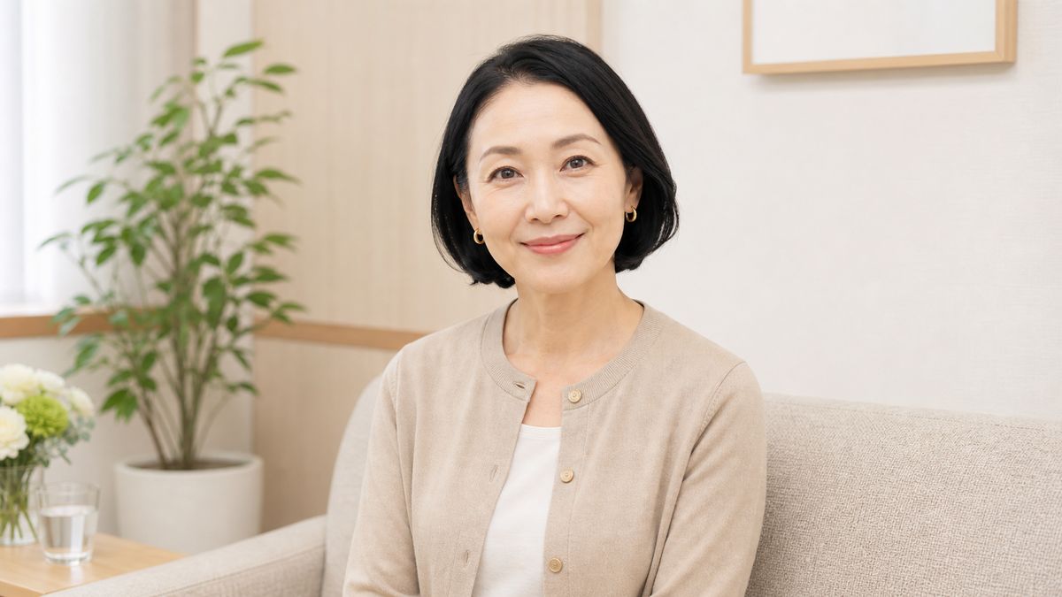 診察室のソファに座り正面を向く女性