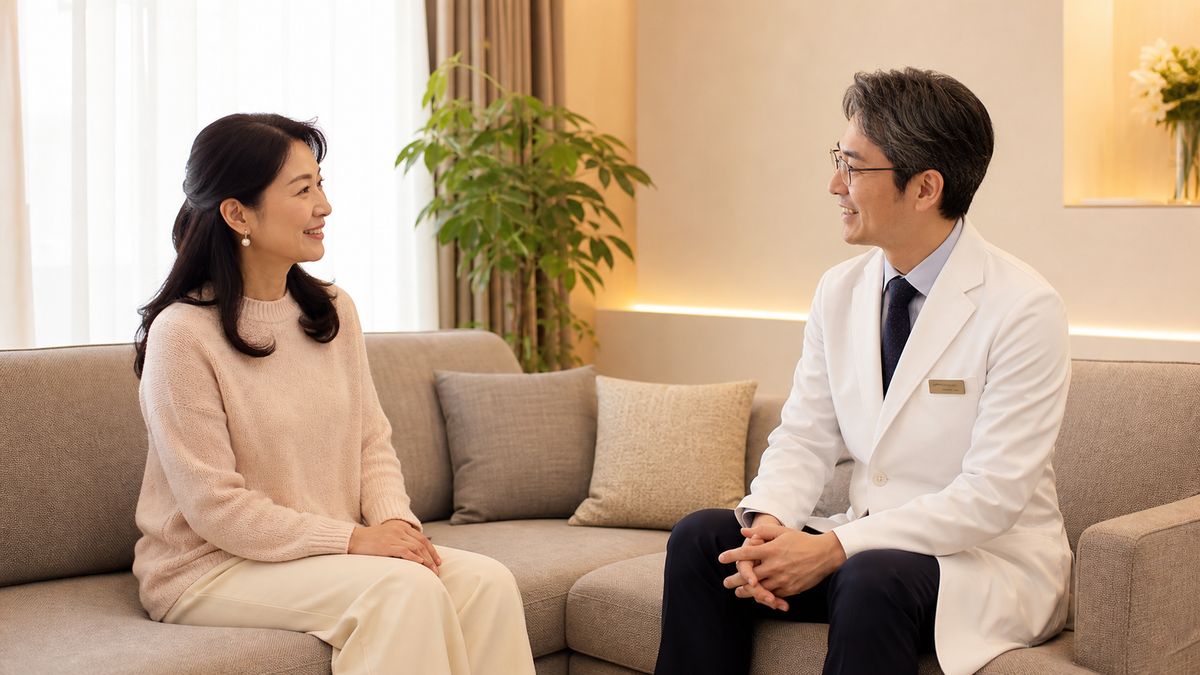 カウンセリングルームのソファで向き合う女性と医師