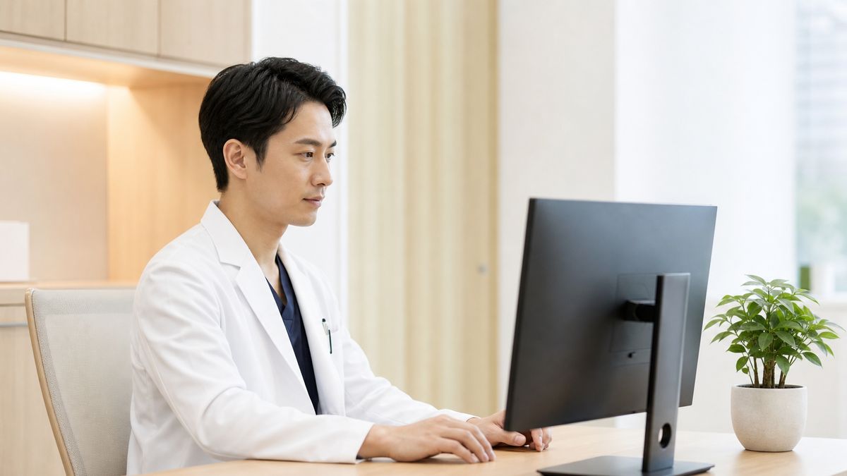 デスクでモニターを確認する白衣の男性医師