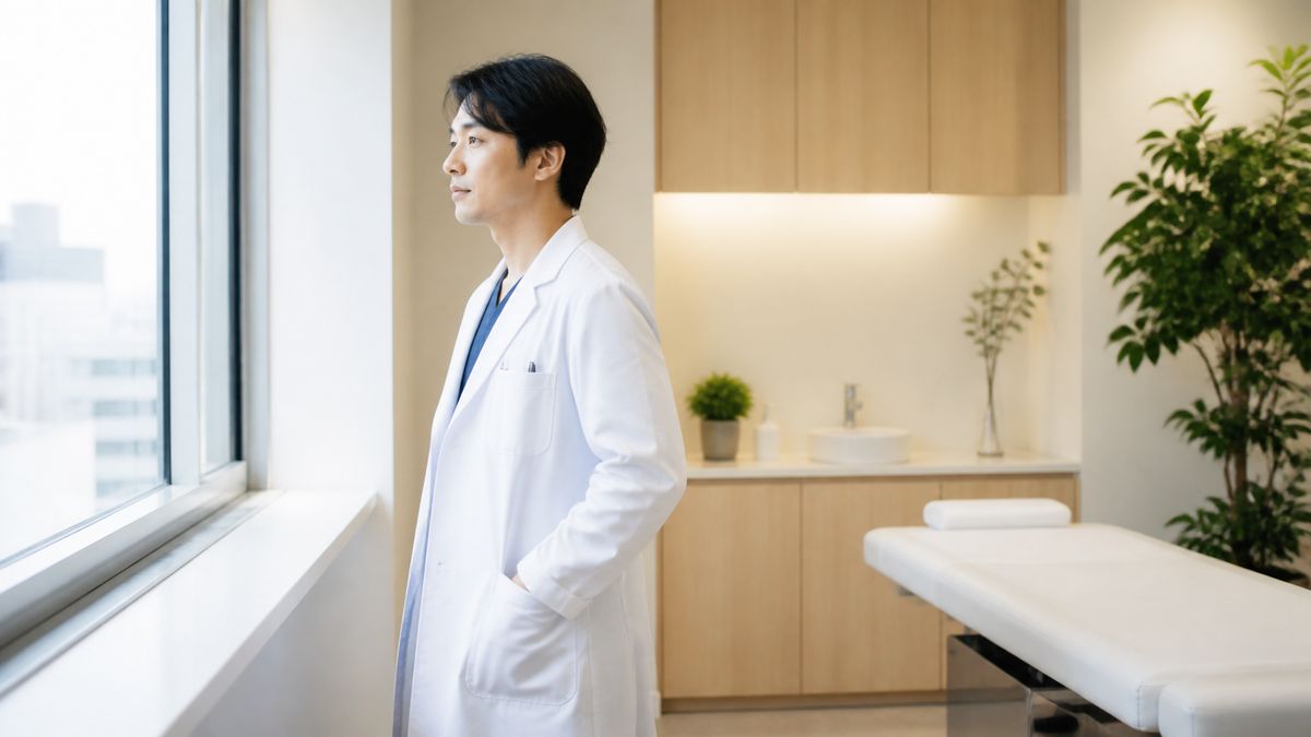 診察室の窓辺に立つ白衣の男性医師