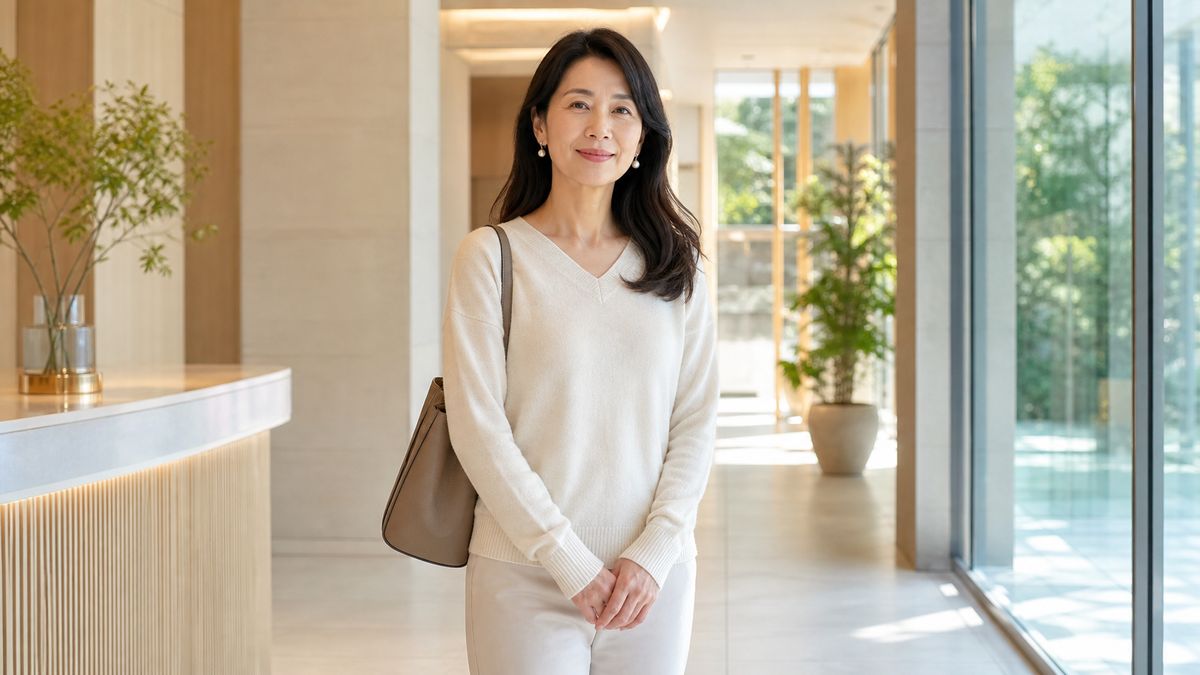 院内のエントランスで前を向いて立つ女性