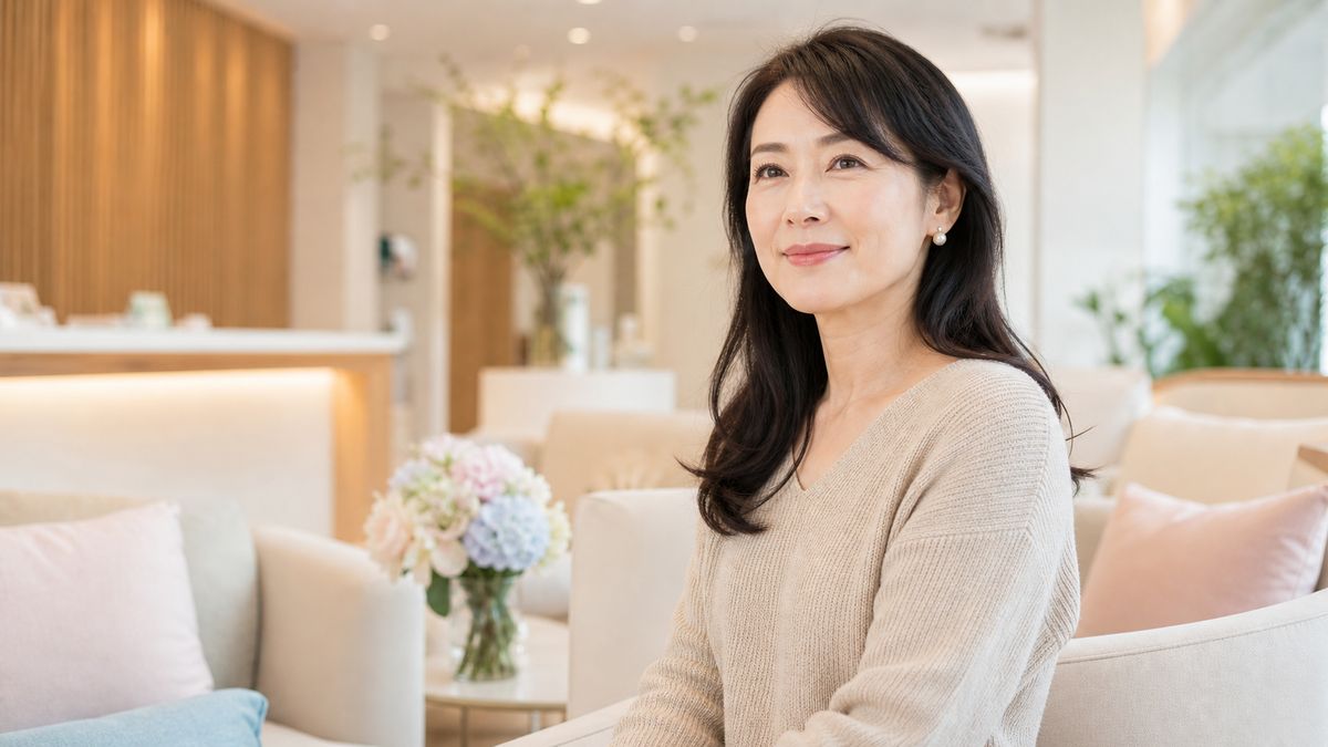 クリニックのラウンジの椅子に座り前を向く女性