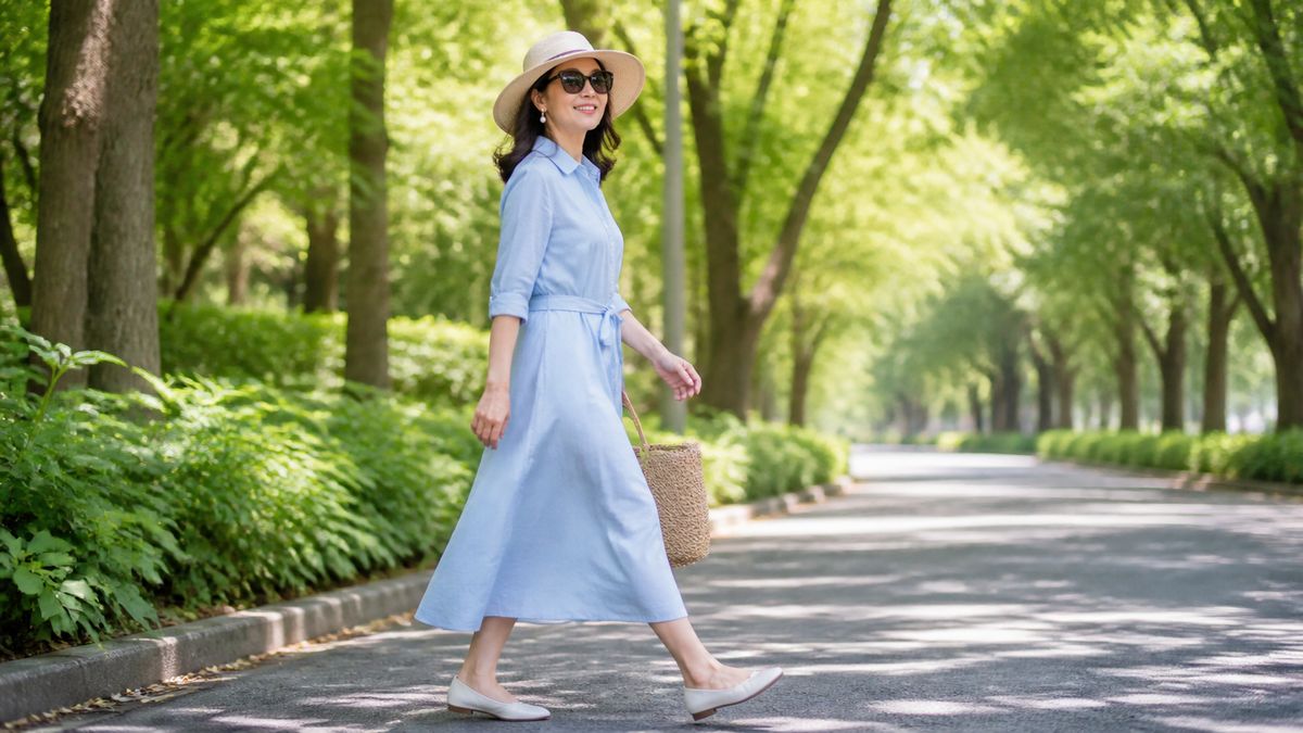 帽子とサングラスで並木道を歩く女性