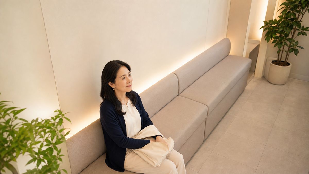院内の待合の長椅子に座る女性を俯瞰で捉えた様子
