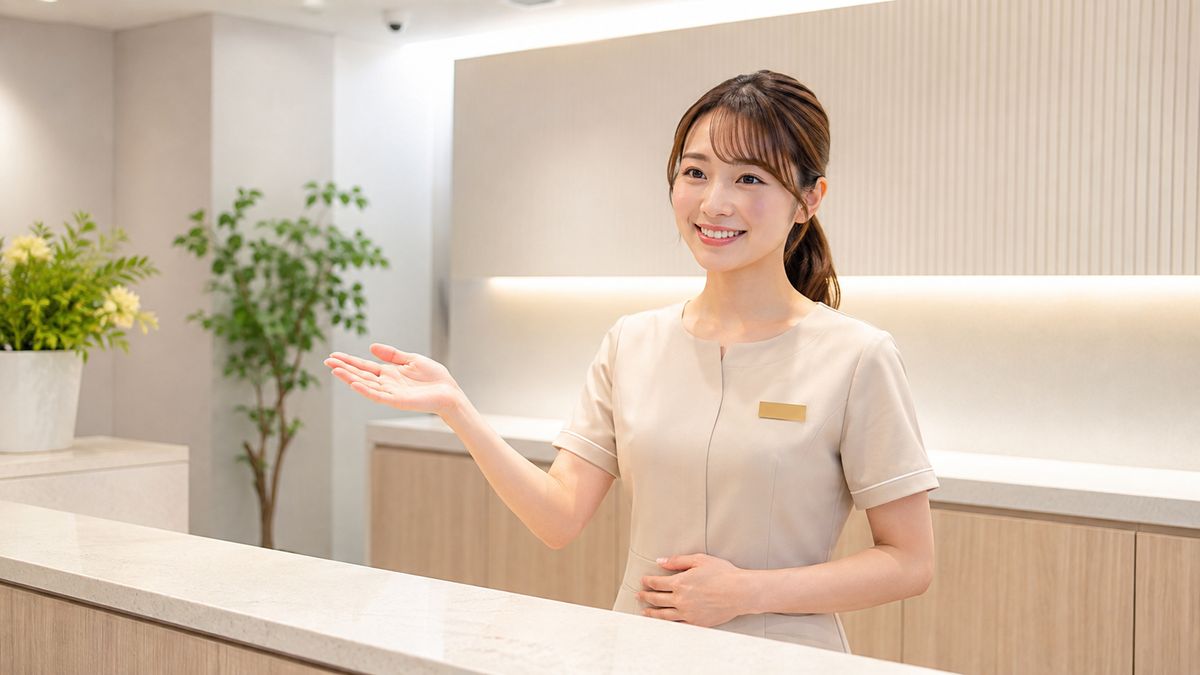 受付カウンターで案内をする制服姿のスタッフ