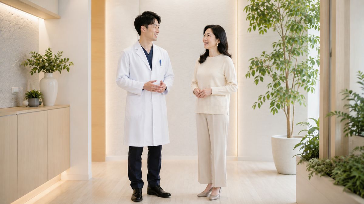 院内で並んで会話する男性医師と女性
