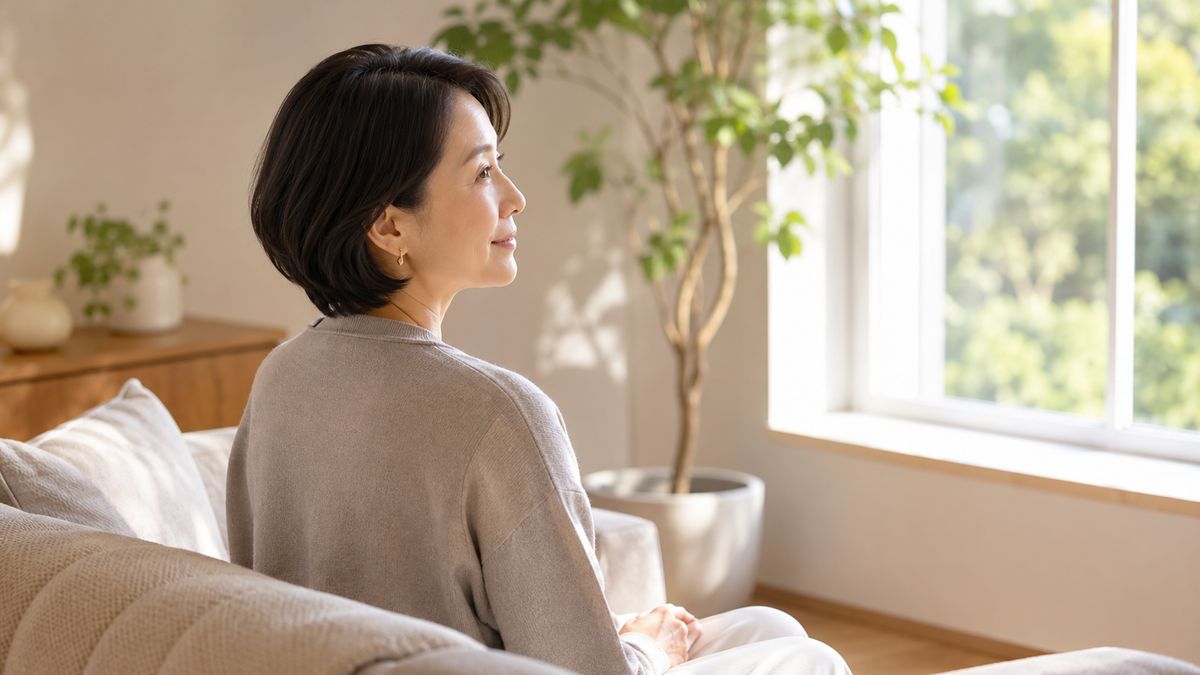 自宅のソファに座って窓の外を眺める女性