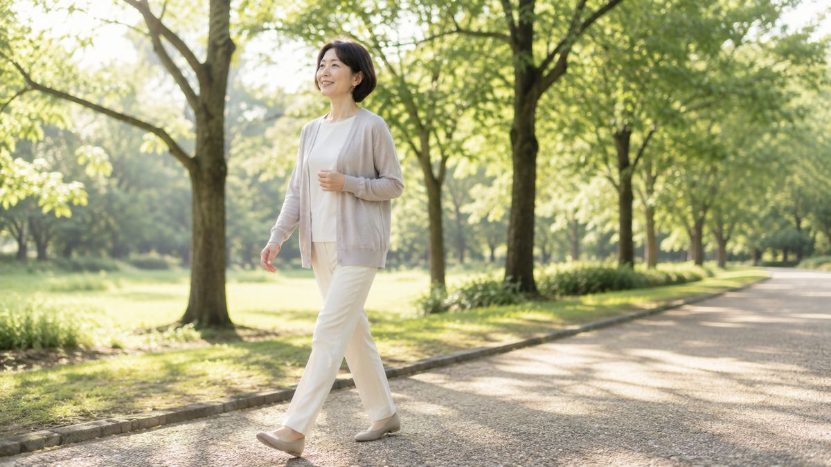 朝の公園の小道を歩く女性