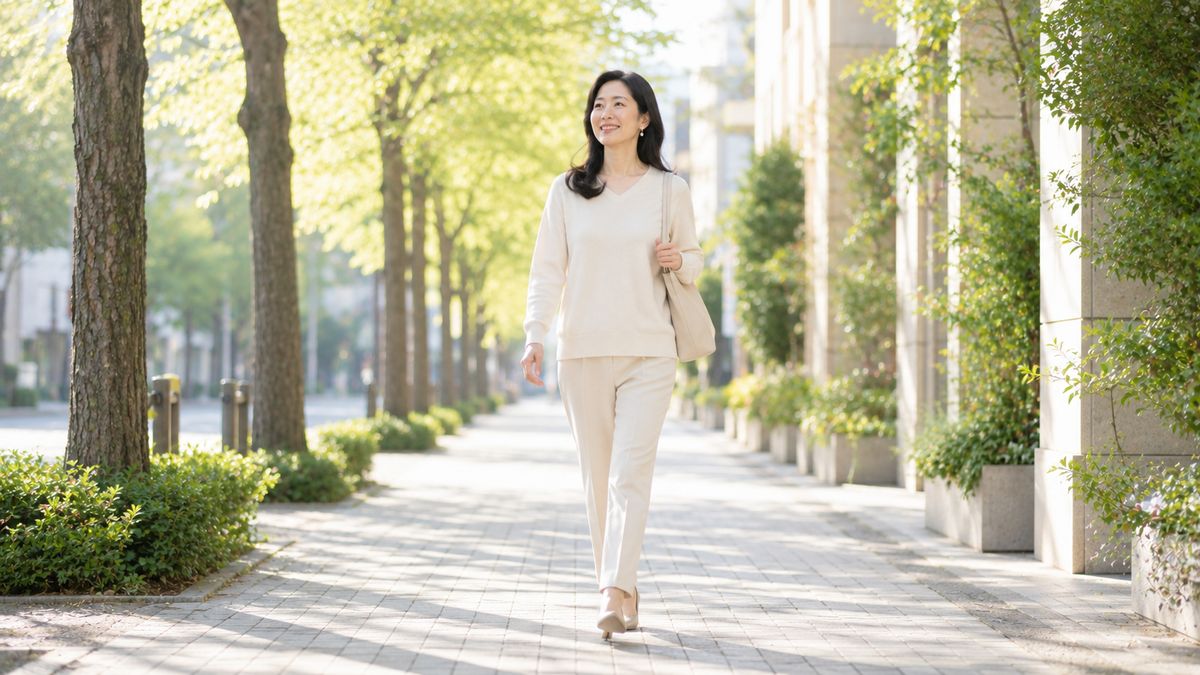 朝の街路を歩く女性