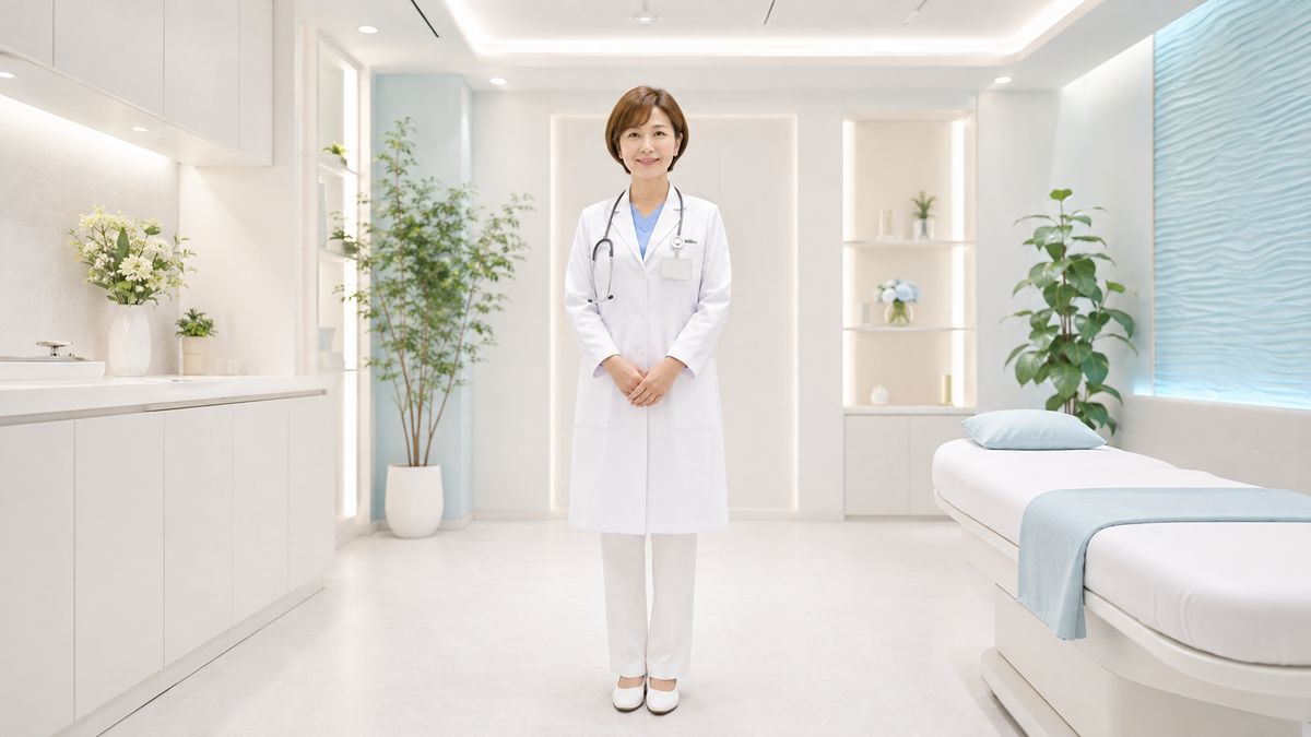 白衣に聴診器をかけて診察室に立つ女性医師