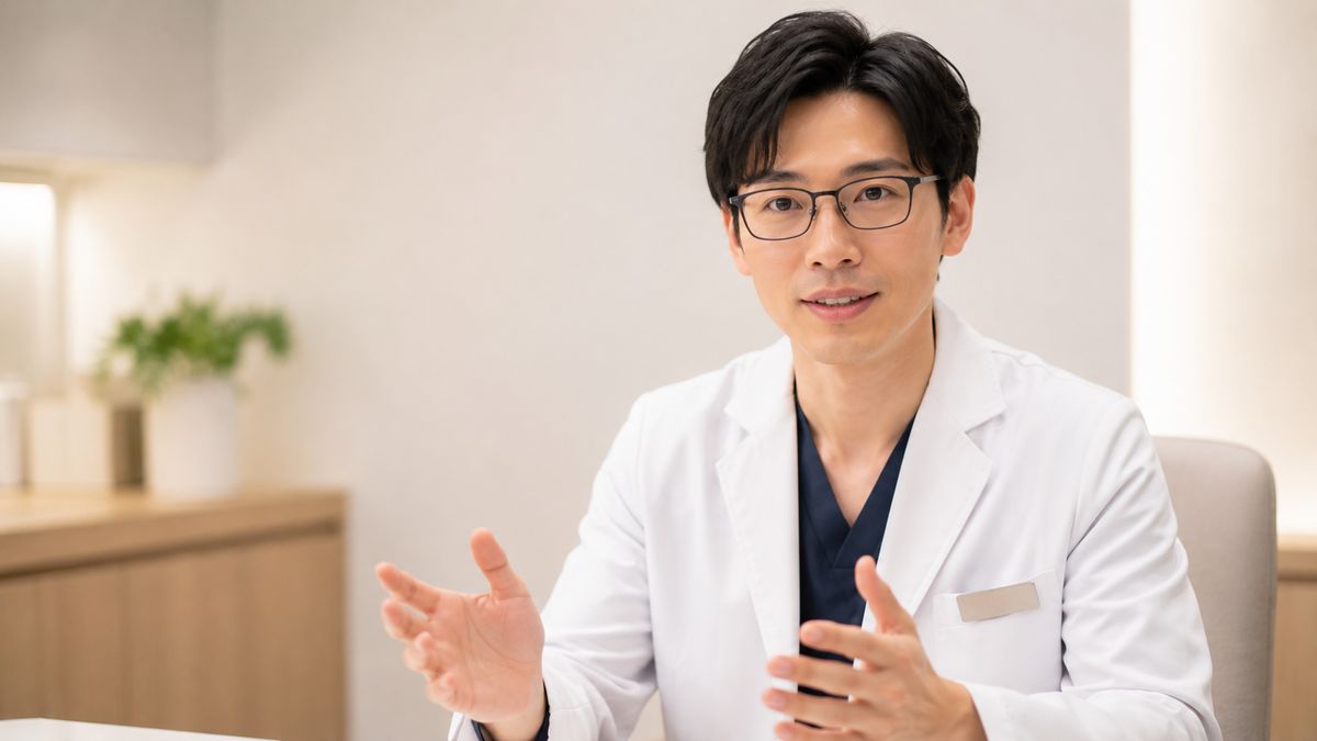 診察室で正面を向いて説明している眼鏡の男性医師