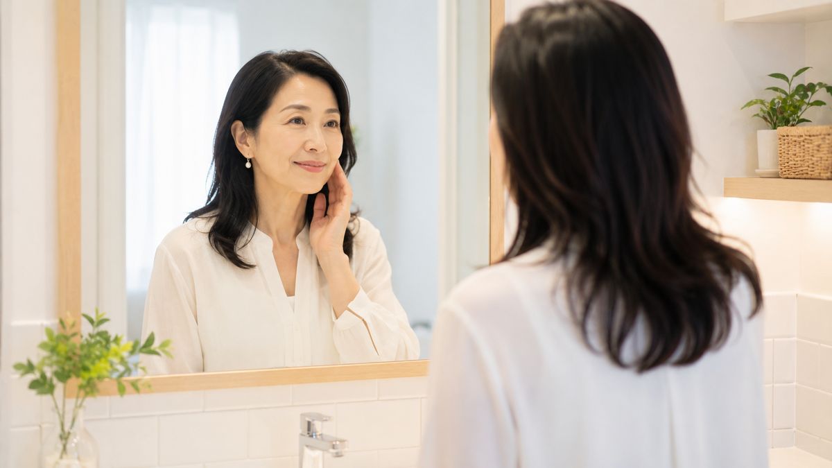 洗面所の鏡に映る自分を見つめている女性