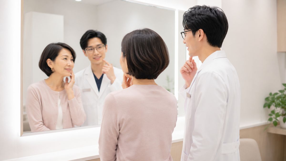 診察室で医師と並んで鏡に向かう女性