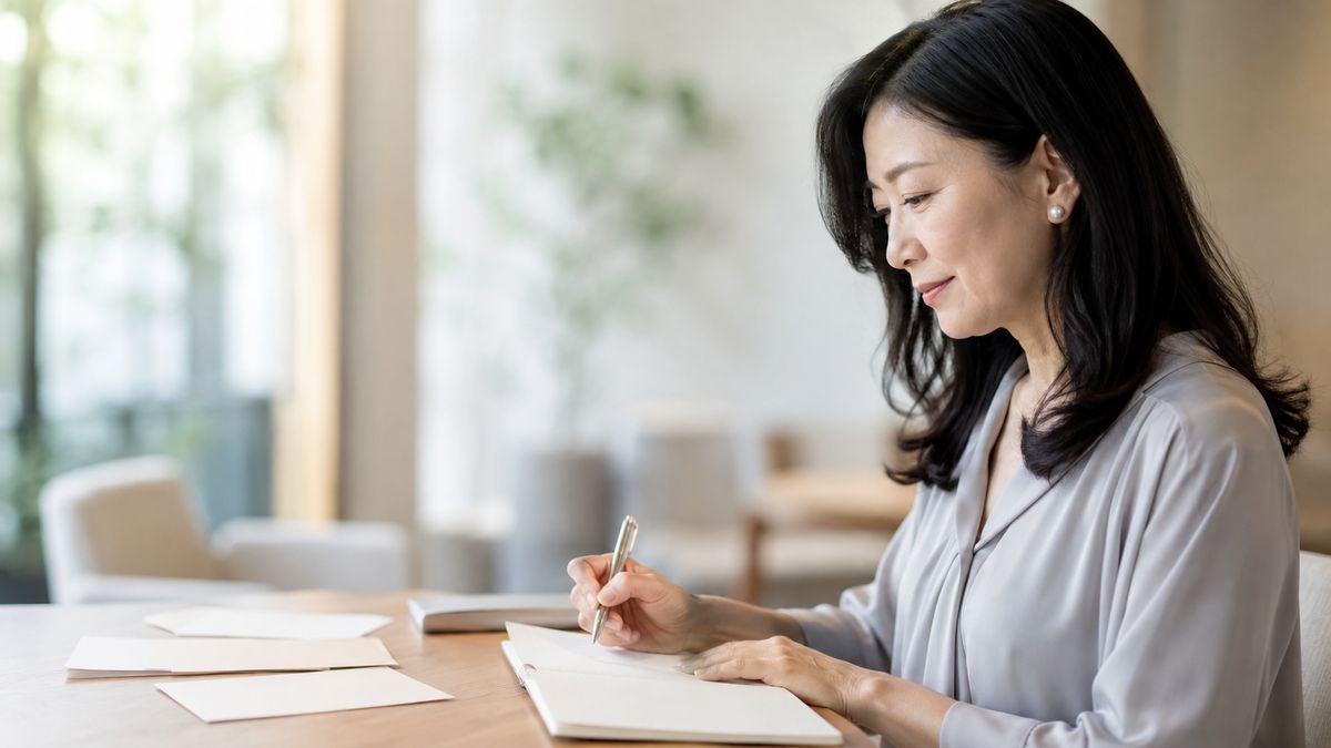 ラウンジでノートに書きながら考えている女性の横顔