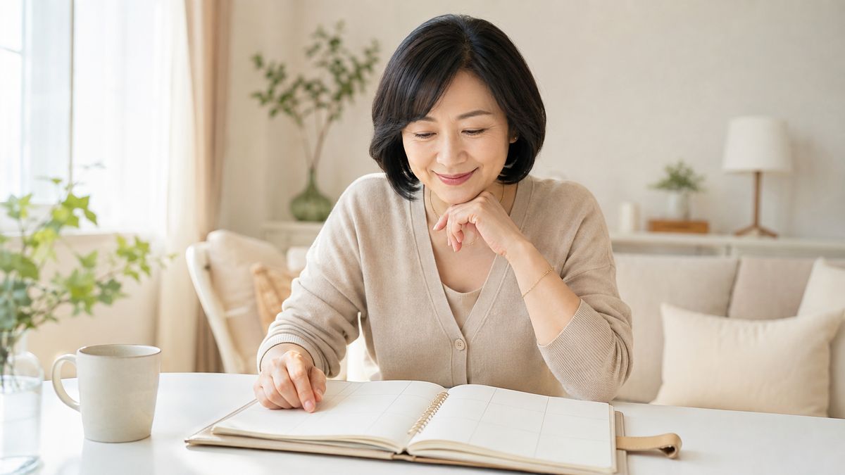 リビングのテーブルで手帳を開いて予定を確認する女性