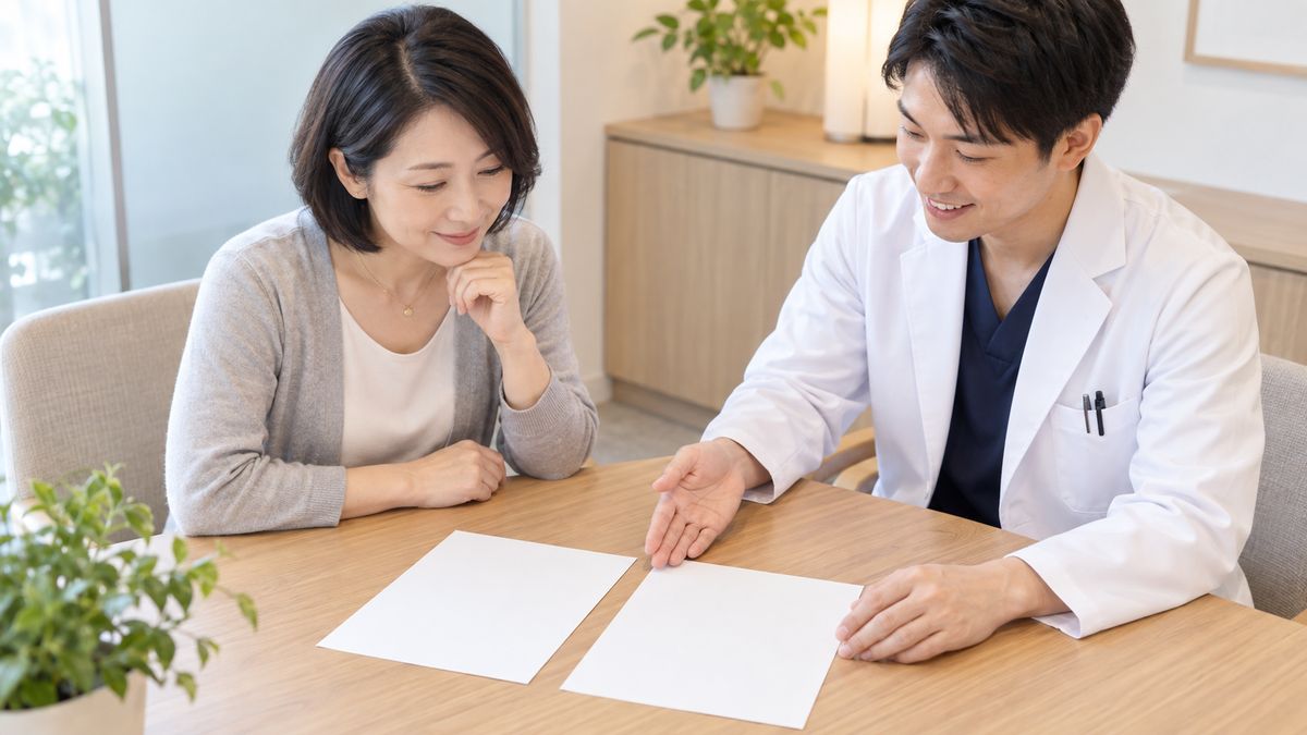 テーブルの資料を一緒に見比べる女性と医師