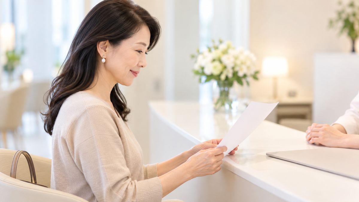 カウンターで書面に目を通す女性