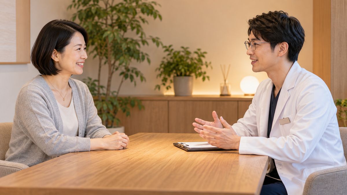 テーブルを挟んで向かい合う女性と男性医師