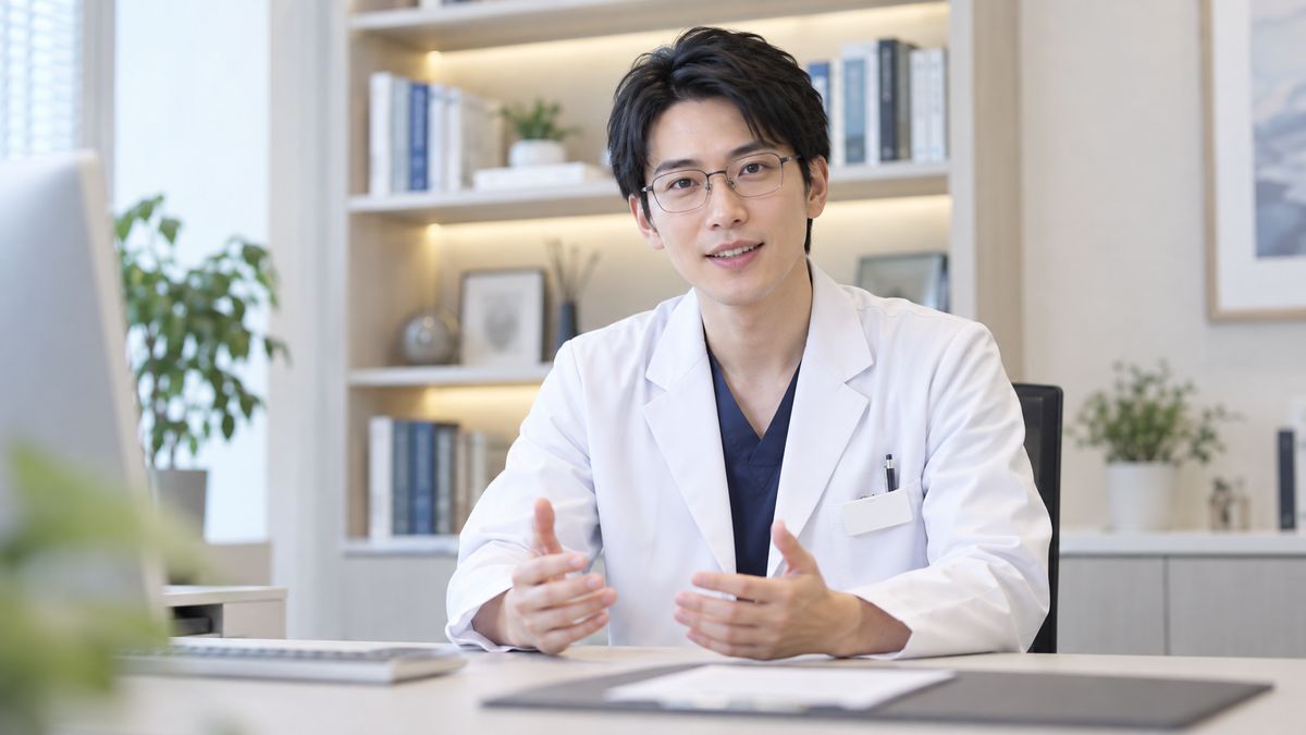 デスクに座って話す眼鏡をかけた白衣の男性医師