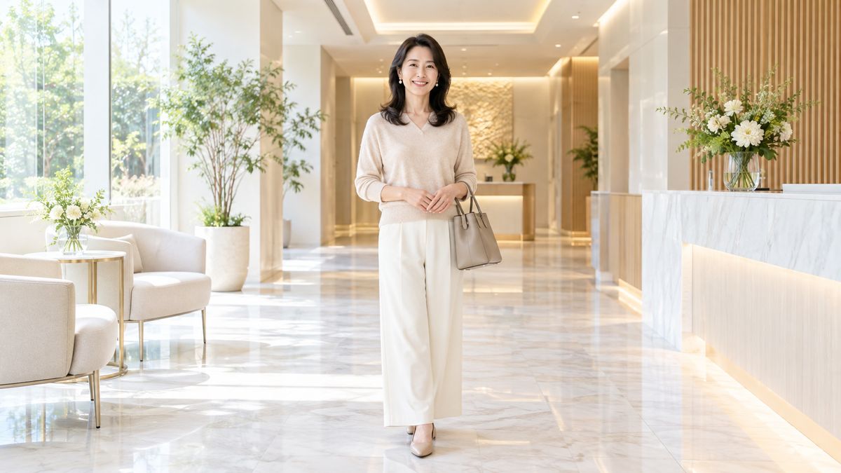 クリニックのエントランスに立つ女性