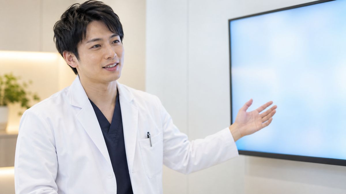 モニターの前で説明する白衣の男性医師
